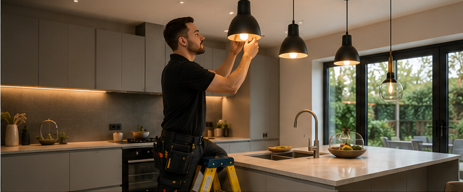 Electrician fitting pendant lights in a kitchen